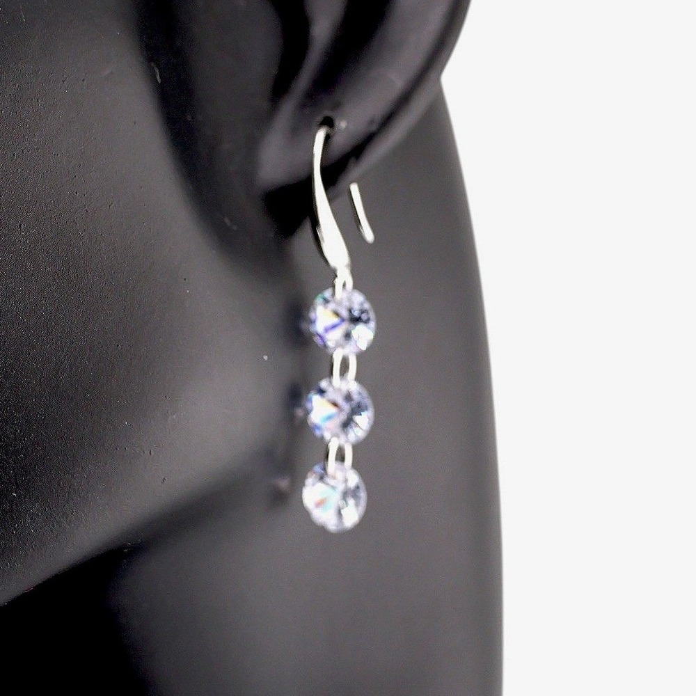 Swarovski Elements Triple Crystal Rivoli Drop Earrings Silver Tone Dangle New